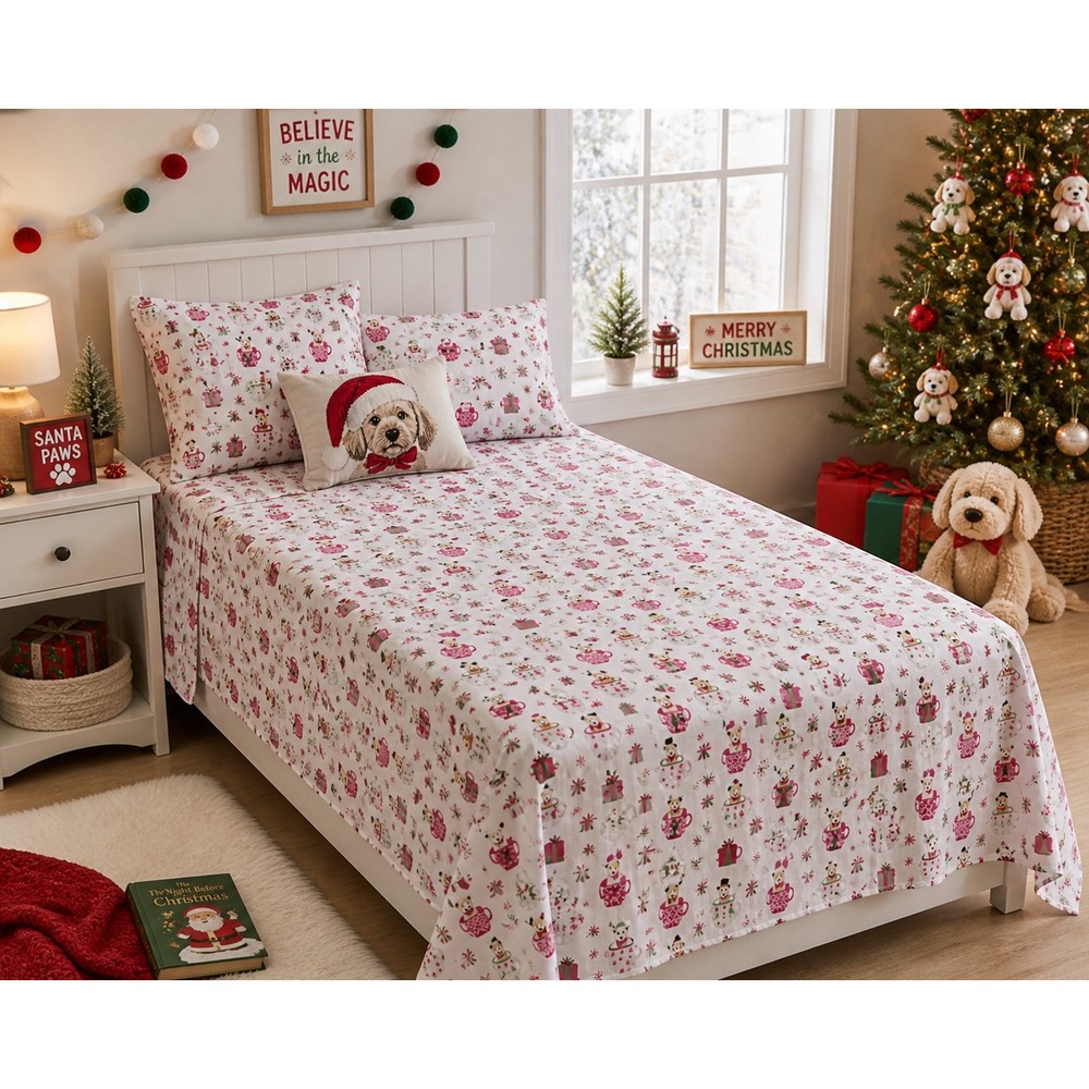 Christmas‎ Holiday Puppy Dog Twin Sheets, White/Red, Soft Adorable 3 Piece